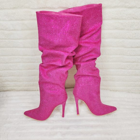 Radiant Fuchsia Pink Rhinestone High Heel Slouch Knee High Boots - Picture 9 of 11